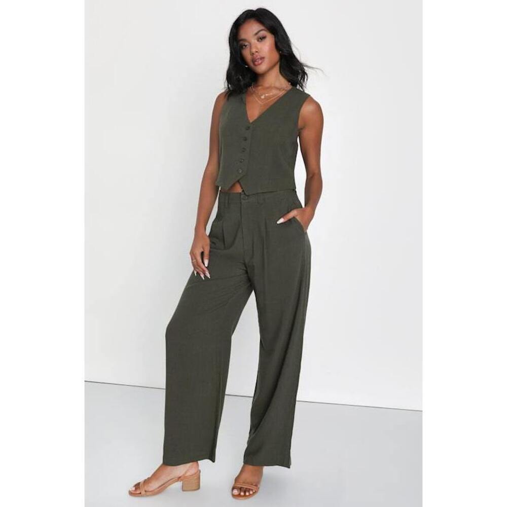 Lulus Suits You Perfectly Olive Green Linen Wide-leg Pants - Size M